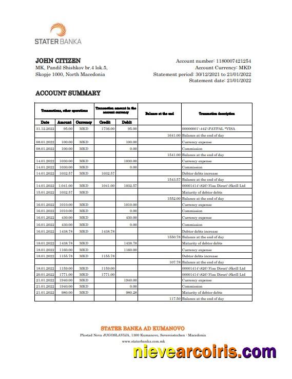 North Macedonia Stater Banka bank statement Excel and PDF